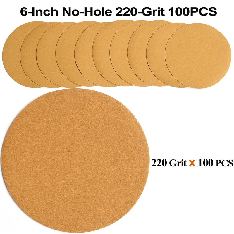 Aiyard 6-Inch No-Hole Hook and Loop Sanding Discs 220-Grit, Random Orbital Sandpaper for Automotive and Woodworking, 100-Pack - Image 2
